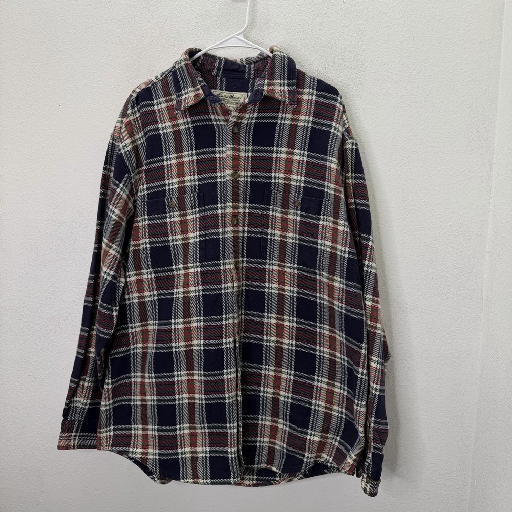 Eddie Bauer Vintage 90s Heavyweight Flannel Shirt Navy Tartan Plaid Lumberjack L